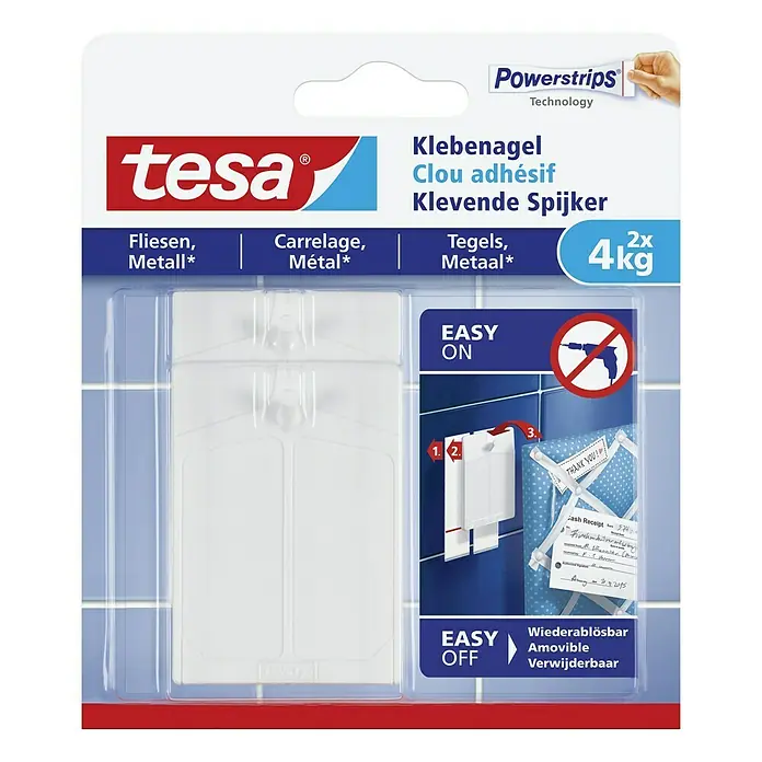 Tesa Klebenagel - Geeignet für: Fliesen, Belastbarkeit: 4 kg, 2 Stk., Weiß - Vorderansicht