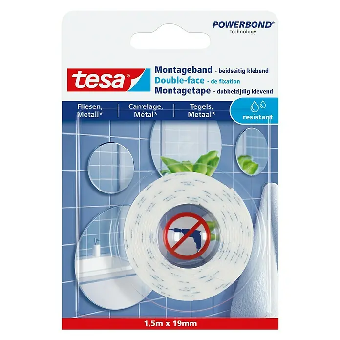 Tesa Montageband - Geeignet für: Fliesen, Feuchtraum, 1,5 m x 19 mm - Vorderansicht