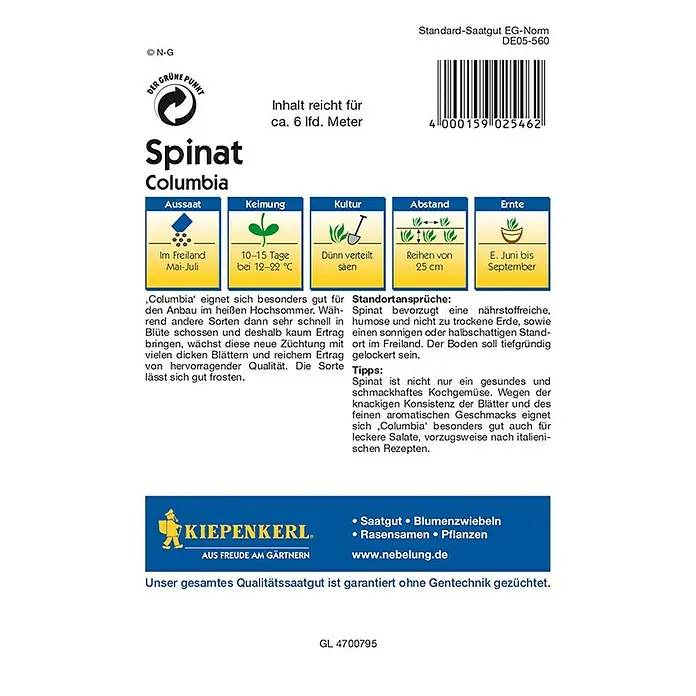 Kiepenkerl Profi-Line Gemüsesamen Spinat Columbia - Spinacia oleracea, Erntezeit: Juni - Rückansicht