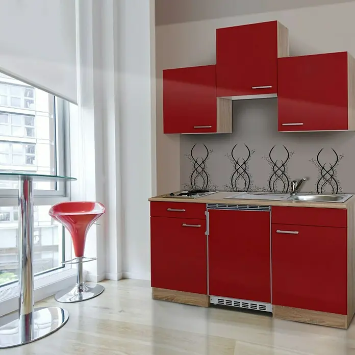 Respekta Singleküche KB150ESR - Breite: 150 cm, Mit Duo-Kochmulde, Rot - Stimmungsaufnahme