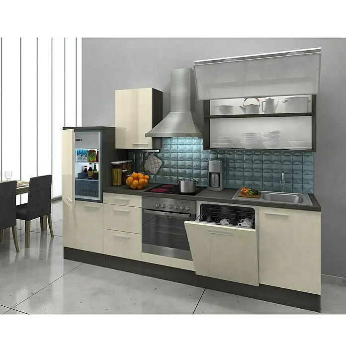 Respekta Küchenzeile Premium RP280EVAC - L x B x H: 280 x 60 x 200 cm, Eiche Grau-Nachbildung, Vanille Hochglanz