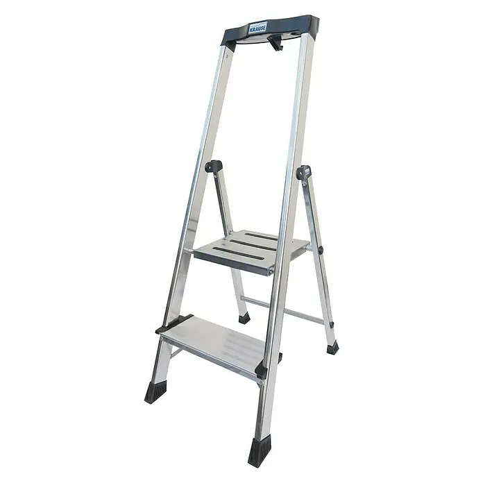 Krause Monto Stufenstehleiter Safepro - Arbeitshöhe: 2,4 m, Anzahl Tritte: 2 Stufen, Tiefe Stufen: 125 mm, Aluminium - Linke Seitenansicht