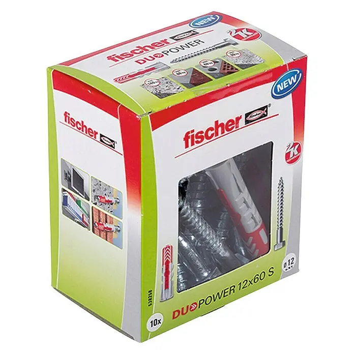 Fischer Dübel- & Schraubenbox Duopower - Durchmesser Dübel: 12 mm, Länge Dübel: 60 mm, 10 Stk., Sechskantschraube - Vorderansicht