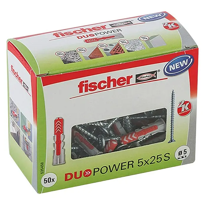 Fischer Dübel- & Schraubenbox Duopower - Durchmesser Dübel: 5 mm, Länge Dübel: 25 mm, 50 Stk., Senkkopfschraube - Vorderansicht