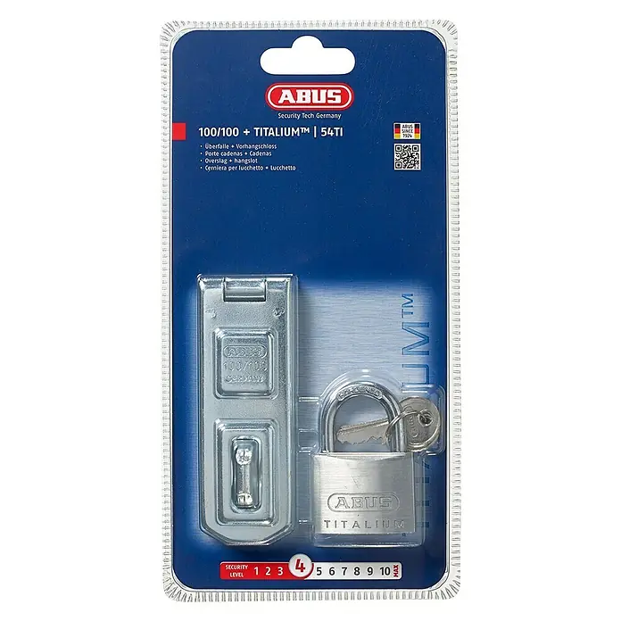 Abus Überfalle mit Vorhangschloss 100/100 Überfalle + 54TI/40 - Bügelinnenhöhe: 21 mm - Vorderansicht