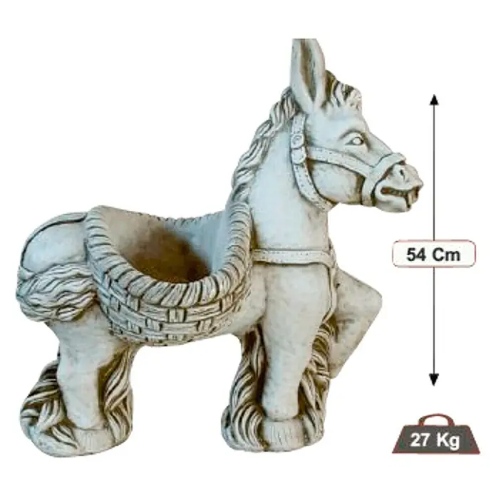 Figura decorativa Burro con Cesta - Altura: 54 cm, Blanco viejo