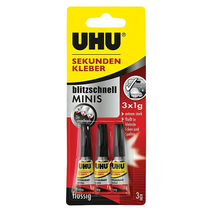 UHU Sekundenkleber Blitzschnell - 3 x 1 g, Tube, Flüssig - Vorderansicht
