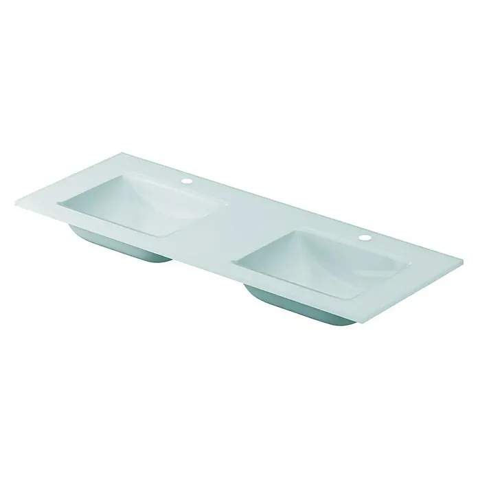 Lavabo doble Cristal - 121 x 46 cm, Orificios para grifo: Medio, Agua marina, Vidrio - Vista angular