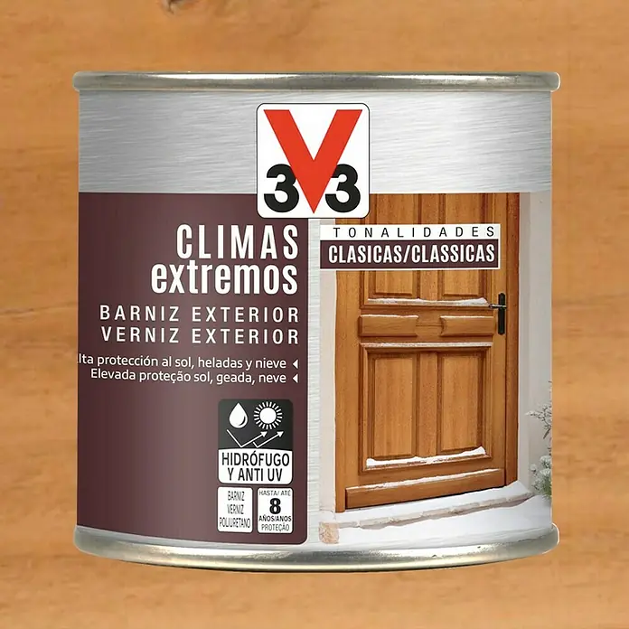 V33 Barniz para madera exterior Climas Extremos - Roble oscuro, Brillante, 250 ml