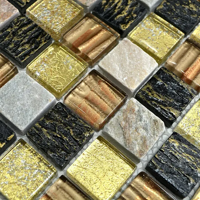Mosaikfliese Quadrat Crystal Mix XCM CR17 - 30 x 30 cm, Braun/Grau/Gold, Matt - Detailaufnahme