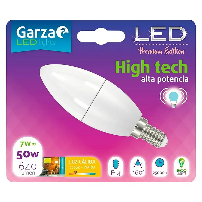 Garza Bombilla LED High Tech - E14, 7 W, Blanco cálido, 640 lm