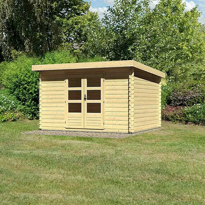 Karibu Blockbohlenhaus Bastrup 7 - 297 x 375 cm, Wandstärke: 28 mm, Pultdach - Rechte Seitenansicht