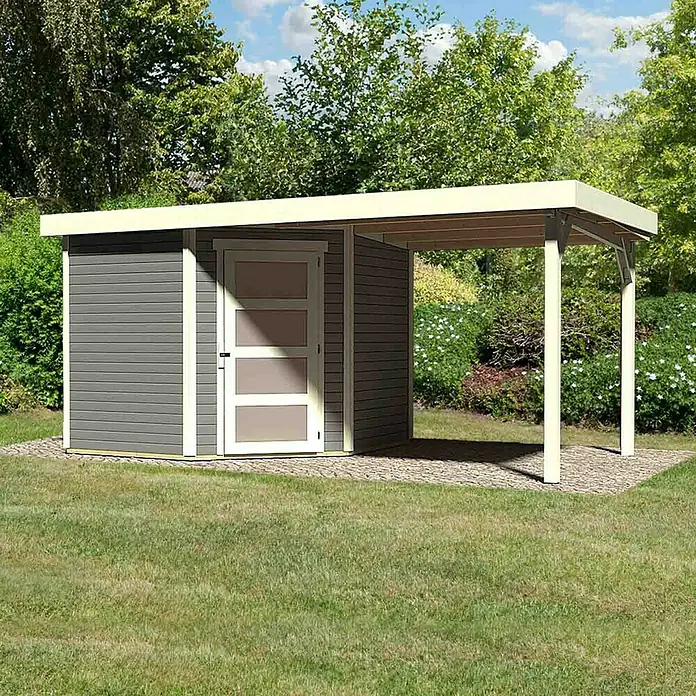 Karibu Gartenhaus Schwandorf 5 - 508 x 262 cm, Wandstärke: 19 mm, Flachdach, Weiß, Terragrau, Ausführung: Mit Anbau - Rechte Seitenansicht