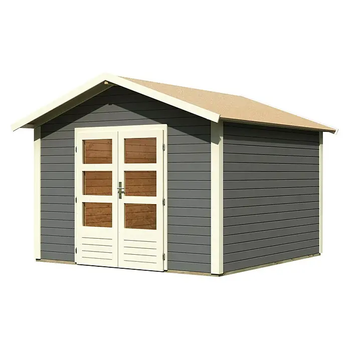 Karibu Gartenhaus Talkau 8 - 330 x 330 cm, Wandstärke: 28 mm, Satteldach, Grau - Linke Seitenansicht