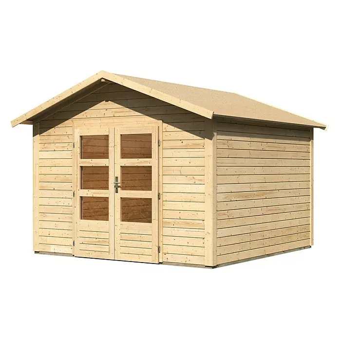 Karibu Gartenhaus Talkau 8 - 330 x 330 cm, Wandstärke: 28 mm, Satteldach, Natur - Linke Seitenansicht