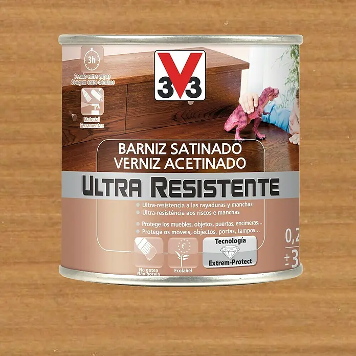 V33 Barniz para madera Satinado Ultra Resistente - Roble oscuro, Satinado, 250 ml