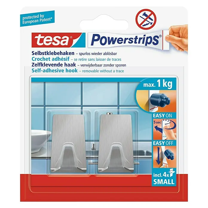 Tesa Powerstrips Zelfklevende haak - Rechthoekig, Grootte: S, Metallic, 2 st. - Vooraanzicht