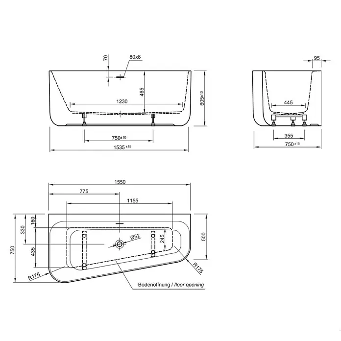 Ottofond Badewanne Derby - 155 x 75 cm, Rechtsseitig, Mit Ab- & Überlaufgarnitur & Wannenrandarmatur, Sanitäracryl, Weiß