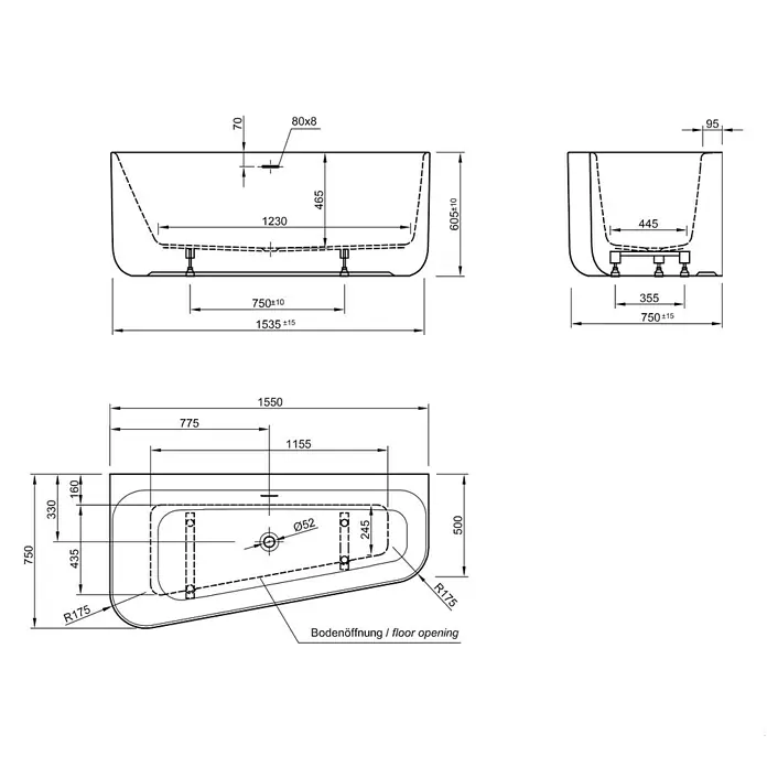 Ottofond Badewanne Derby - 155 x 75 cm, Rechtsseitig, Mit Ab- & Überlaufgarnitur, Sanitäracryl, Weiß
