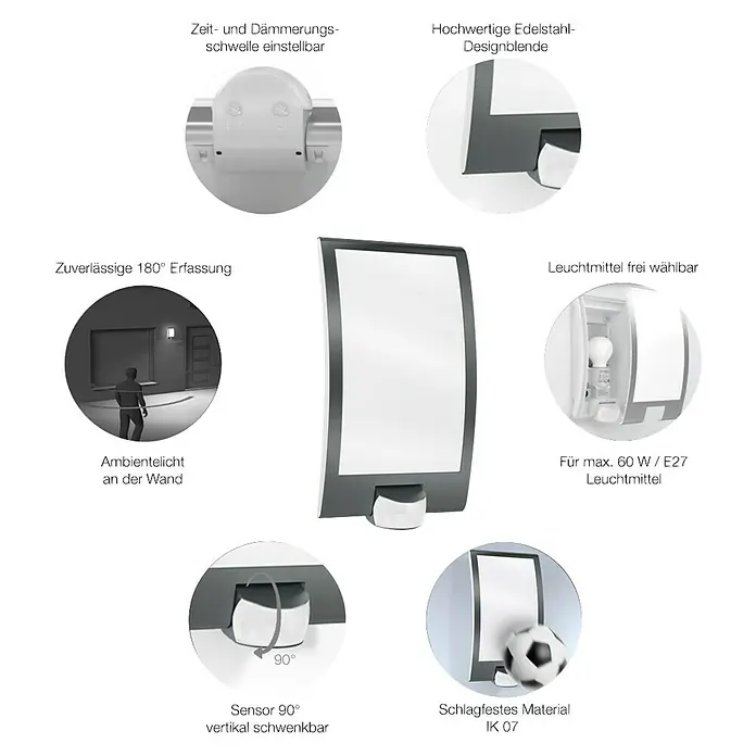 Steinel Sensor-Außenwandleuchte L 22 - 60 W, 28,6 x 16,2 x 8,9 cm, Anthrazit, IP44 - Vorderansicht
