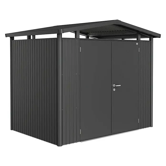 Biohort Gerätehaus Panorama - Außenbreite inkl. Dachüberstand: 273 cm, Außentiefe inkl. Dachüberstand: 198 cm, Stahl, Quarzgrau Metallic, Doppeltür - Vorderansicht