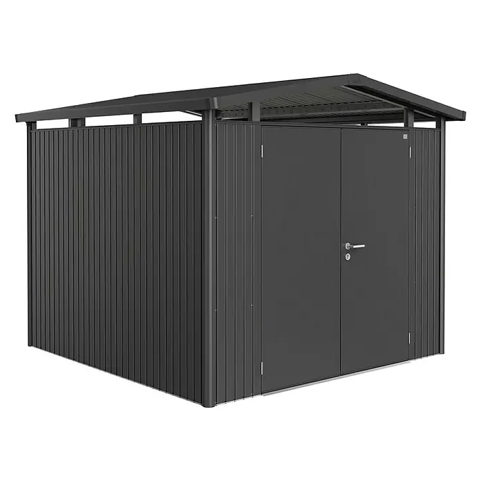 Biohort Gerätehaus Panorama - Außenbreite inkl. Dachüberstand: 273 cm, Außentiefe inkl. Dachüberstand: 278 cm, Stahl, Dunkelgrau Metallic, Doppeltür - Vorderansicht