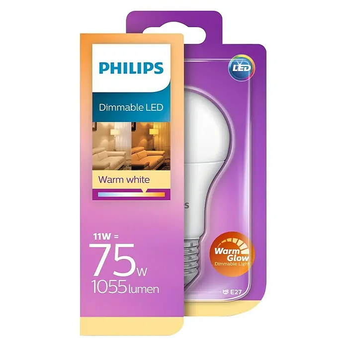 Philips Bombilla LED - 11 W, E27, Color de luz: Blanco cálido, Intensidad regulable, Redonda