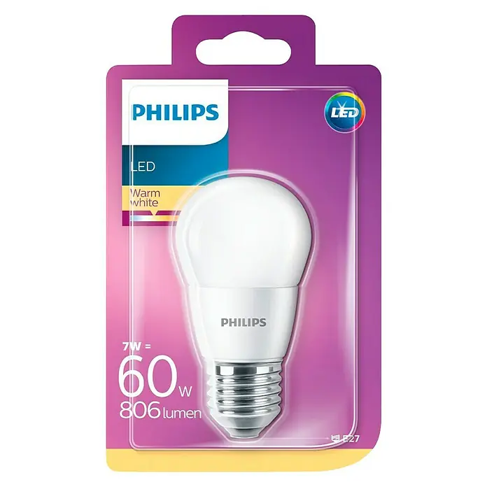 Philips Bombilla LED - 7 W, E27, Color de luz: Blanco cálido, Redonda