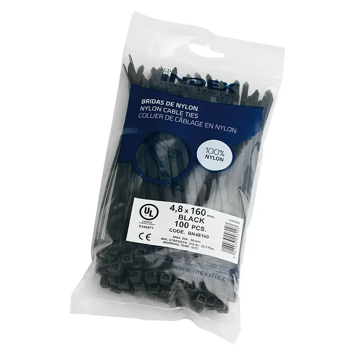 Index Bridas para cables de Nylon - Negro, L x An: 250 x 4,8 mm, 100 uds.