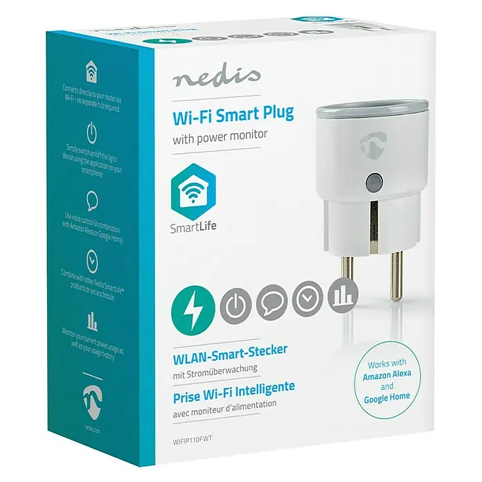Nedis Smartlife WiFi-Schaltsteckdose - Weiß, Max. Anschlussleistung: 2.500 W, 100 - 240 V, 10 A - Vorderansicht