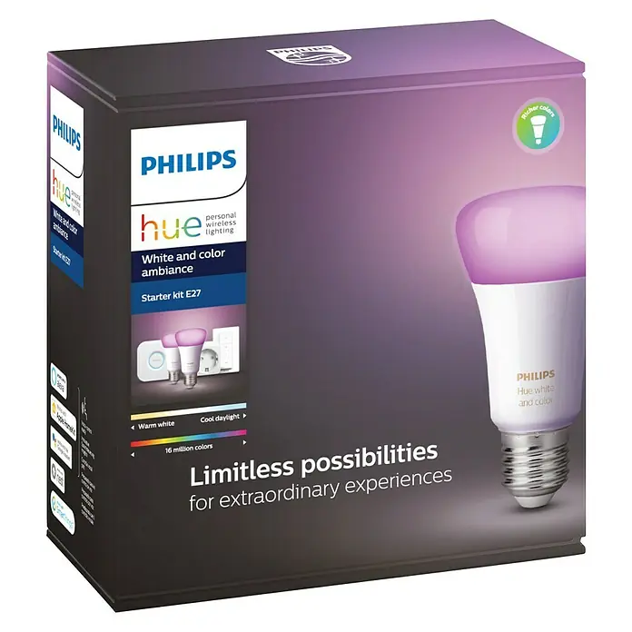 Philips Hue LED-Leuchtmittel-Set White & Color Ambiance - 2 x LED-Leuchtmittel, 1 x Fernbedienung, 1 x Hue Bridge, 1 x Netzteil, 1 x Ethernet-Netzwerkkabel - Vorderansicht