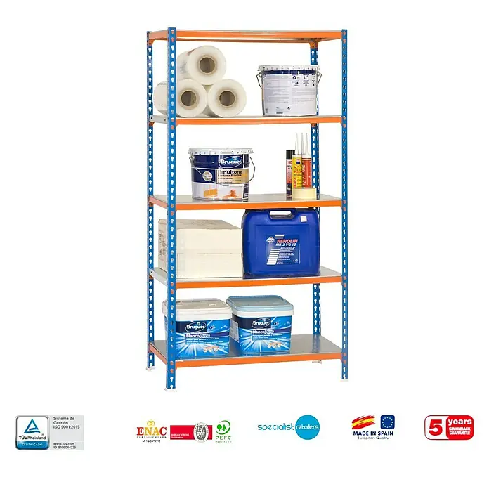 Simonrack Simonclick Estantería metálica Plus - L x An x Al: 30 x 100 x 200 cm, Capacidad de carga: 180 kg/balda, Número de baldas: 5 ud., Inserción, Azul/Naranja