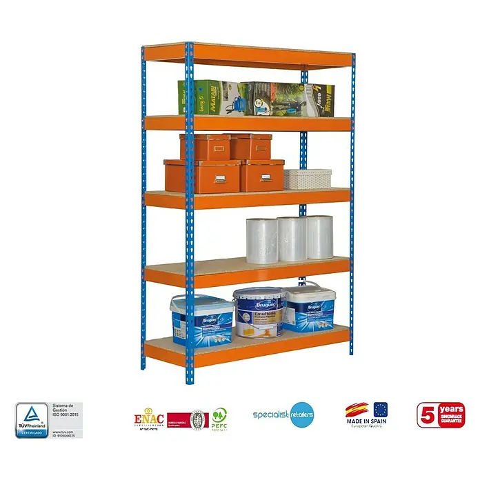 Simonrack Bricoforte Estantería para cargas pesadas Chipboard - L x An x Al: 60 x 120 x 200 cm, Capacidad de carga: 300 kg/balda, Número de baldas: 5 ud., Azul/Naranja, Material balda: Madera