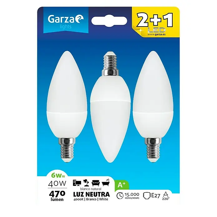 Garza Bombilla LED Vela - 3 uds., E14, 3 x 5 W, Color de luz: Blanco neutro, No regulable