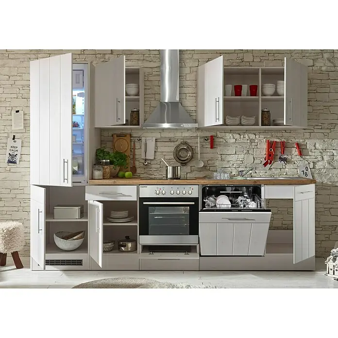 Respekta Premium Küchenzeile BERP280LHWC - Breite: 280 cm, Mit Elektrogeräten, Lärche Weiß-Nachbildung