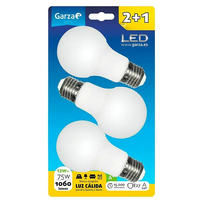 Garza Bombilla LED - 3 uds., 12 W, E27, Color de luz: Blanco cálido