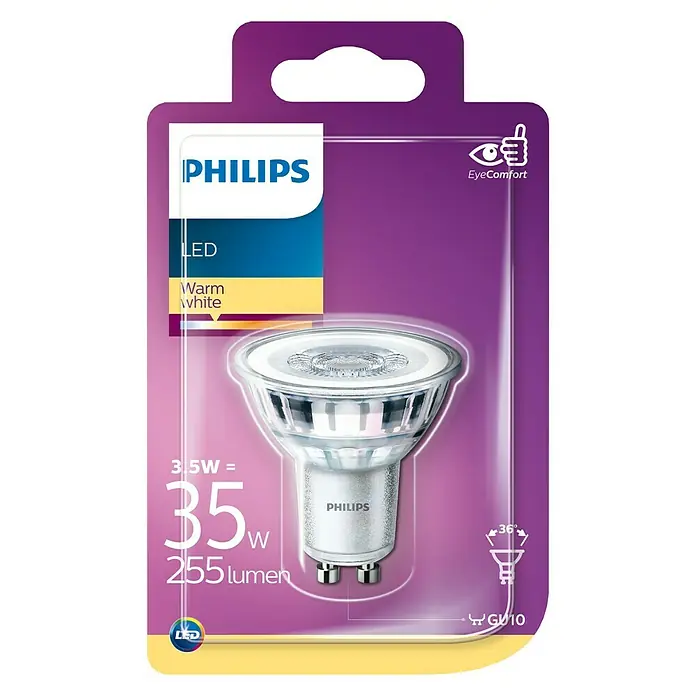 Philips Bombilla reflectora LED - 3,5 W, GU10, 36 °, Color de luz: Blanco cálido, No regulable