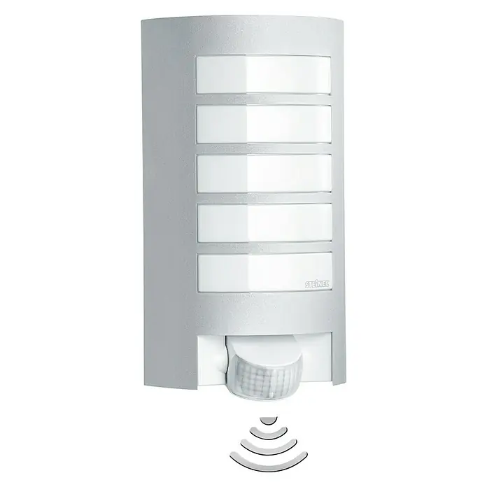 Steinel Sensor-Außenwandleuchte L 12 S SI - 60 W, 10,8 x 15,5 x 27,2 cm, Weiß/Silber, IP44 - Vorderansicht