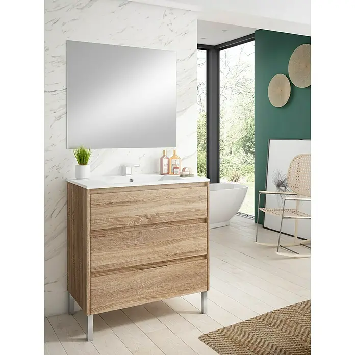Conjunto de mueble de baño Alexa - 80 cm, 3 piezas, Roble, Mate