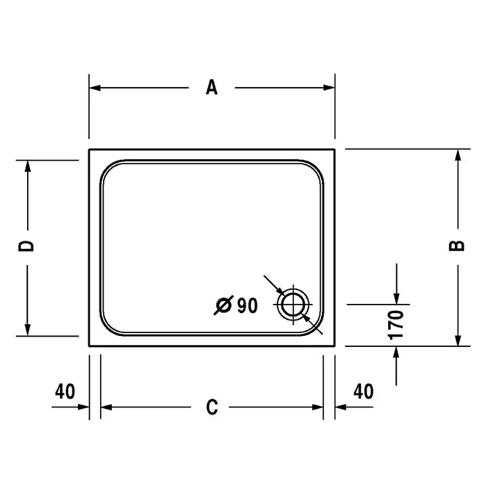 Duravit D-Code Duschwanne - L x B: 90 x 75 cm, Kunststoff, Weiß, Mit Antirutsch-Oberfläche, Rechteckig - Skizze