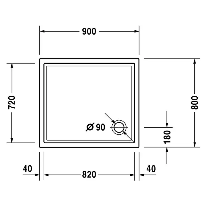 Duravit Duschwanne Starck Slimline - L x B: 90 x 80 cm, Kunststoff, Weiß, Ohne Antirutsch-Oberfläche - Skizze
