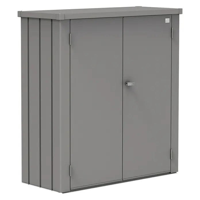 Biohort Geräteschrank Romeo - Außenbreite inkl. Dachüberstand: 132 cm, Außentiefe inkl. Dachüberstand: 57 cm, Quarzgrau, Doppeltür - Linke Seitenansicht