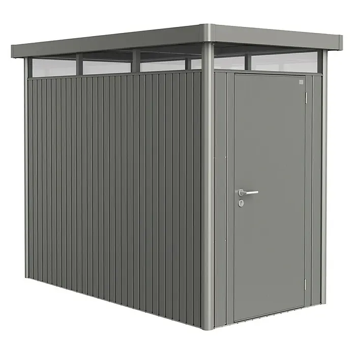 Biohort Gerätehaus HighLine HS - Außenbreite inkl. Dachüberstand: 155 cm, Außentiefe inkl. Dachüberstand: 275 cm, Stahl, Quarzgrau Metallic - Linke Seitenansicht