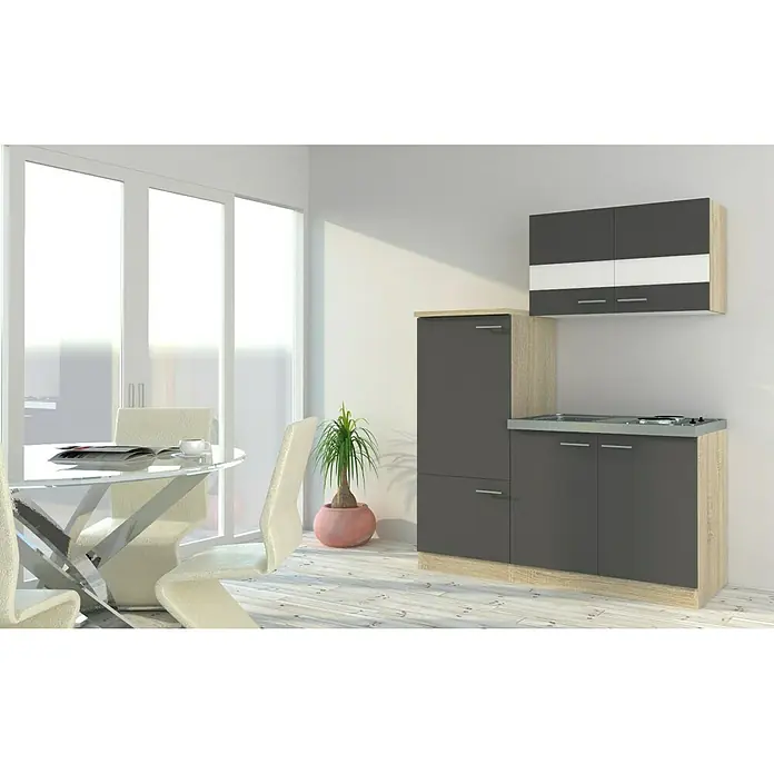 Respekta Singleküche KB160ESG - Breite: 160 cm, Mit Duo-Kochmulde, Grau