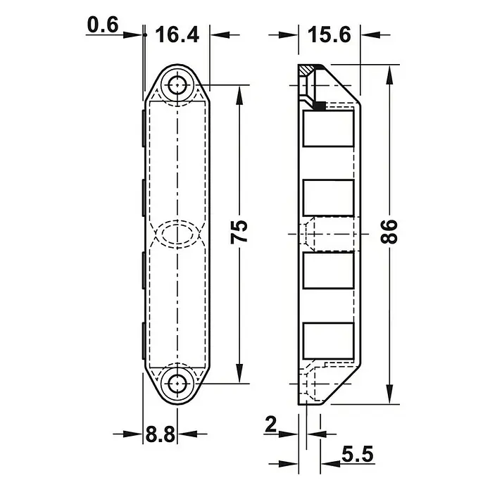 Häfele Magneetsluiting - Hechtsterkte: 8 kg, b x h: 15,6 x 86 mm, Spuitgietzink - Vooraanzicht