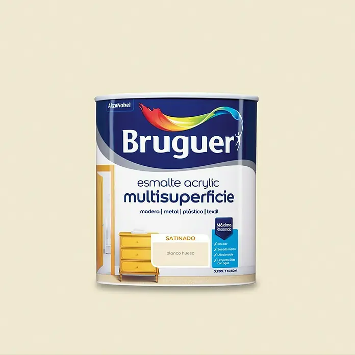 Bruguer Esmalte de color Acrylic Multisuperficie - Blanco Hueso, 750 ml, Satinado