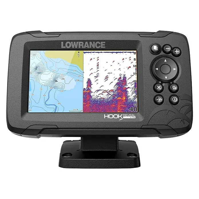 Lowrance Fishfinder Hook Reveal 5 Splitshot - Geber: Reveal 83/200 HDI-Geber, Bildschirmtyp: 5″/127 mm Solar Max Display - Vorderansicht