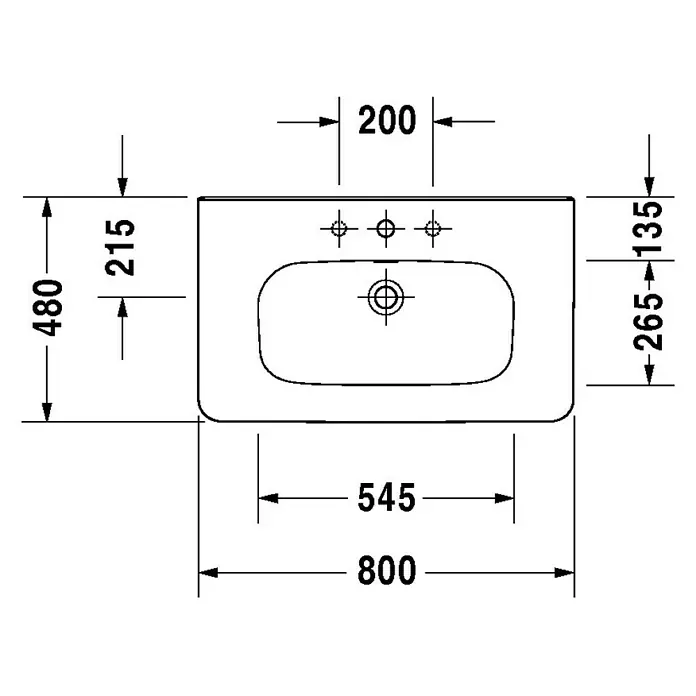Duravit DuraStyle Waschtisch - 80 x 48 cm, Ohne Spezialglasur, Hahnloch: Ohne, Mit Überlauf, Weiß - Skizze