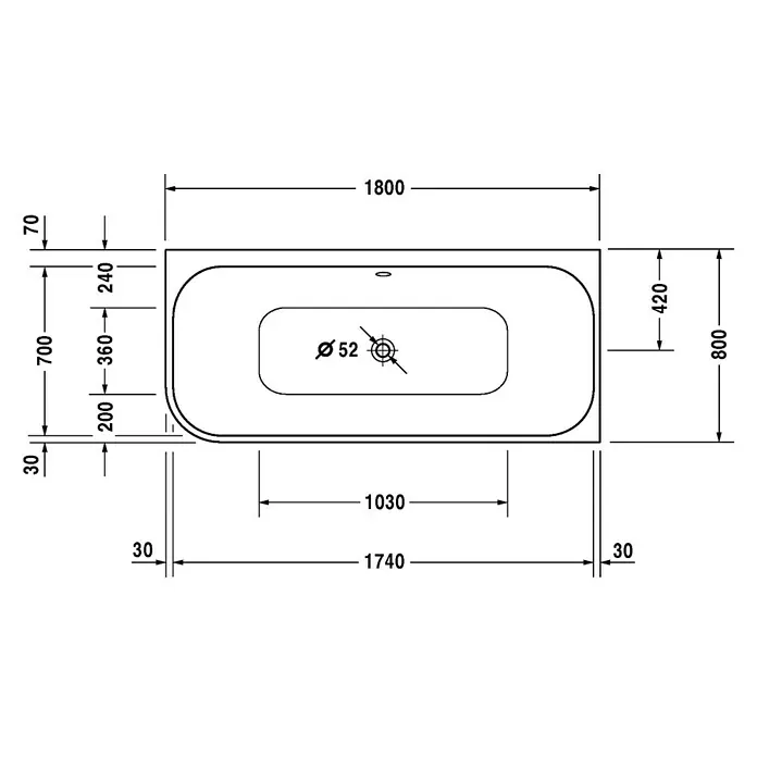 Duravit Happy D.2 Badewanne - 180 x 80 cm, Raumecke Rechts, Sanitäracryl, Weiß - Vorderansicht