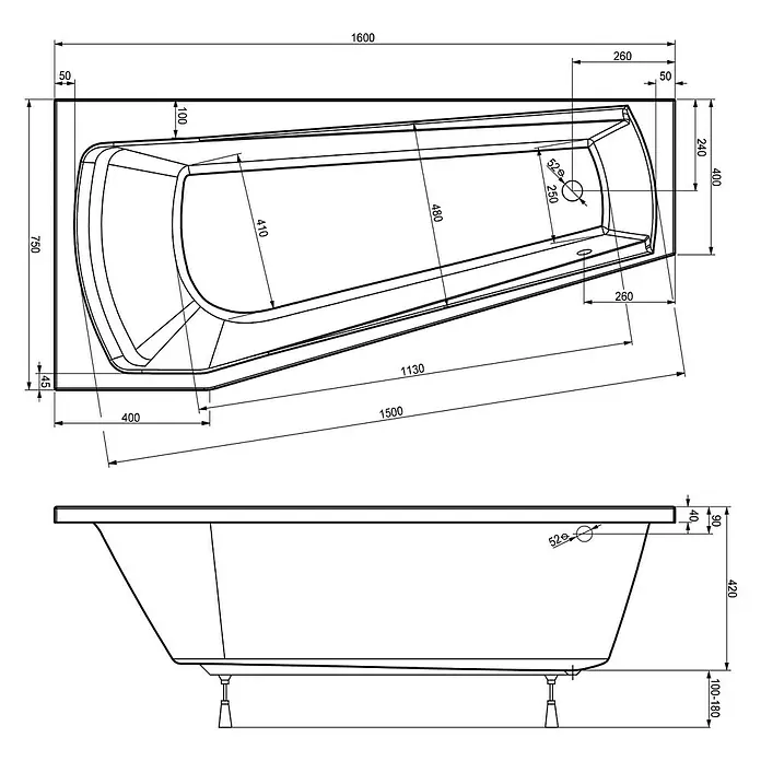 Ottofond Badewanne Bari Mod. B - Linksseitig, 160 x 75 cm, Sanitäracryl, Weiß - Ansicht von oben